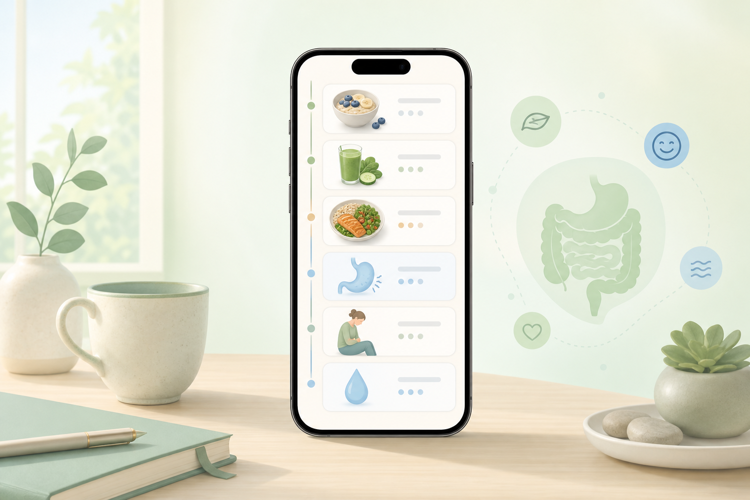Illustration of a calm Digest Diary timeline on iPhone